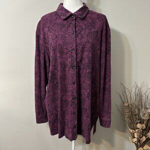 Vtg Bechamel Button Up Purple Black Floral Knit Shirt Tunic Cotton Blend Sz XL
